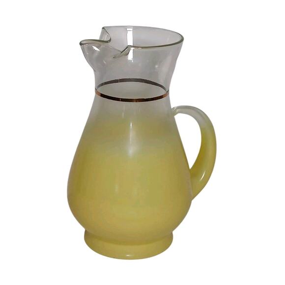 Vintage Blendo 1950's Ombre Glass Pitcher MCM Yellow Frosted Gold Band - Picture 1 of 16